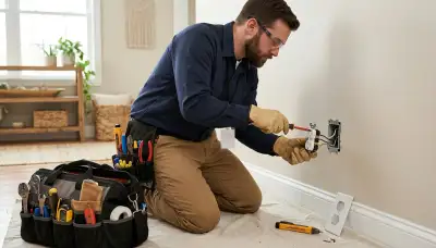 Electrician repairing a wall outlet in a Lakeland, FL home