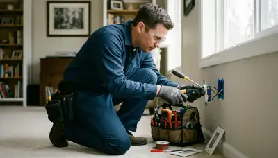 Electrician repairing a wall outlet in a Lakeland, FL home